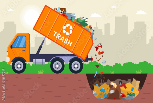 disposal of waste in a garbage pit. it is illegal to put garbage in. flat vector illustration.