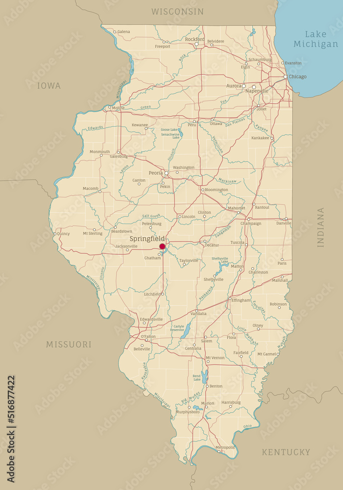 Road map of Illinois, US American federal state. Editable highly detailed Illinois