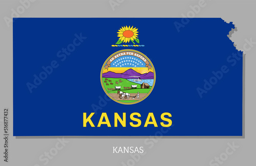 Map of Kansas USA federal state with flag inside. Highly detailed map of Midwestern state of America with territory borders and national flag realistic vector illustration