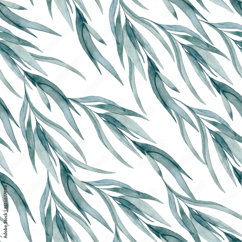 Naklejka premium Seamless natural pattern with long thin leaves on branches in blue-green on a white background. Hand-drawn watercolor illustration. Textile design.