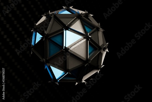 a large sphere consisting of golden and transparent triangles glowing from the inside with blue light on a black background. 3d rendering. 3d illustration