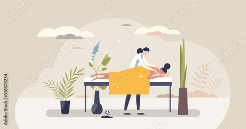 Self care and getting massage in SPA masseur saloon tiny person concept. Professional body treatment with oils and creams for relaxation and calm skin vector illustration. Female in wellness center.