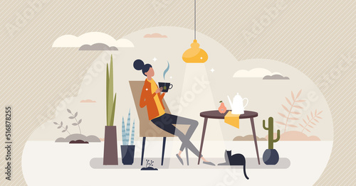 Self care and having cup of drink for relaxation moment tiny person concept. Hot tea for mother in comfy chair for mental carefree and calm pleasure vector illustration. Lady sitting after long day. photo