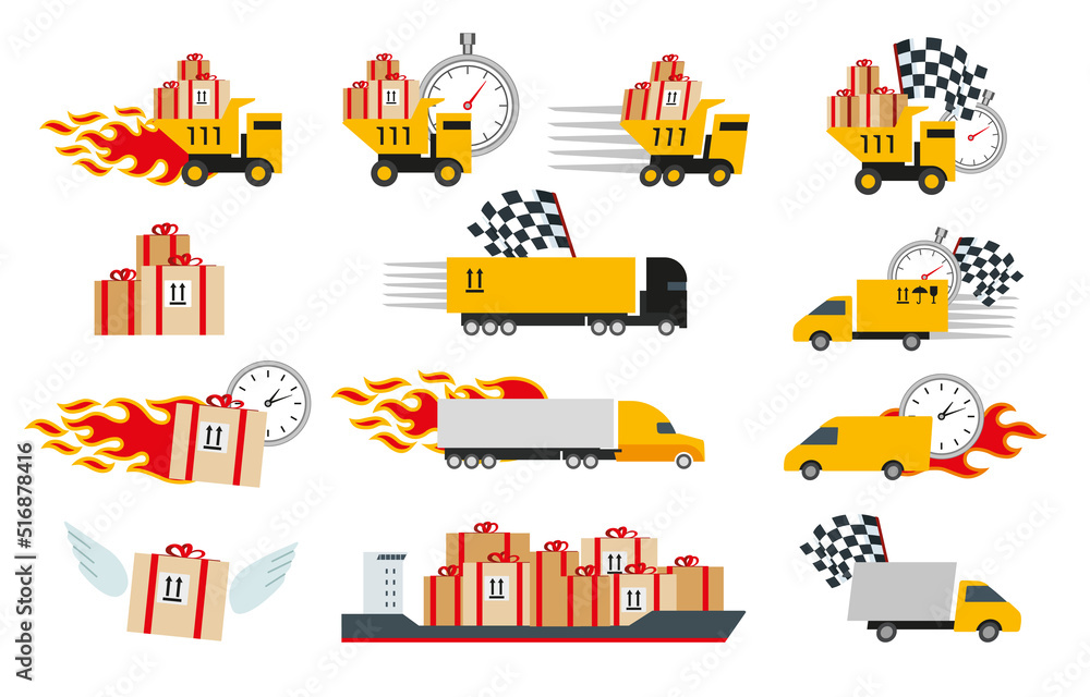 A set of icons delivery logistics. Various options. The subject of parcel deliveries. Cartoon trucks and ships A set of icons delivery logistics. Various options. The subject of parcel deliveries. Cartoon trucks and ships