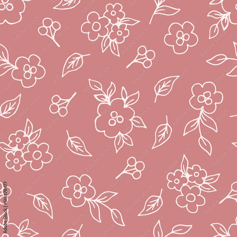 Simple gentle calm floral vector seamless pattern. Light flowers, leaves on a pink-brown background. For fabric prints, textiles, bed linen, clothes.