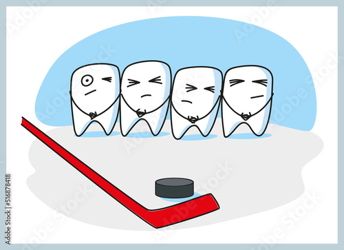 Cool teeth are getting ready to hit the puck in hockey. Funny illustration for a children's dental clinic. Vector graphics