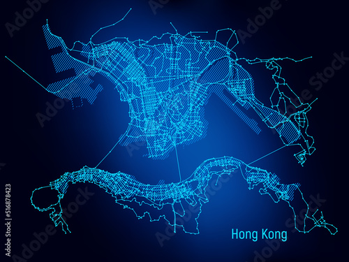 Electronic city. The scheme of Hong Kong in the form of a microcircuit. Stylized vector graphics