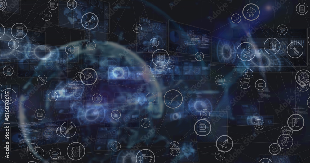 Image of statistics processing and social media icons over scopes scanning Image of statistics processing and social media icons over scopes scanning