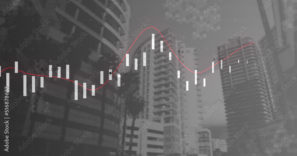 Fototapeta premium Image of statistics processing over cityscape