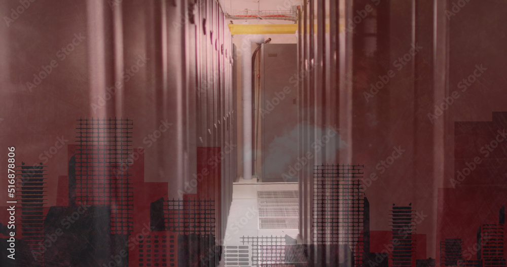 Image of cityscape over server room Image of cityscape over server room