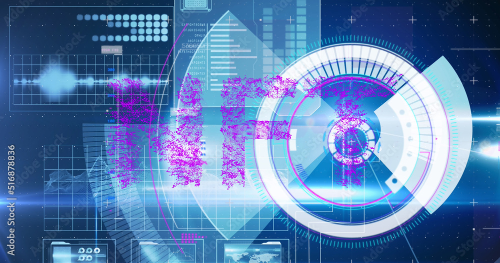 Obraz premium Image of digital interface with scan scoping and nft text over blue background