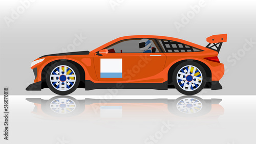 Concept vector illustration of detailed side of a flat orange sports car with driving man inside car. with shadow of car on reflected from the ground below. And isolated white background.