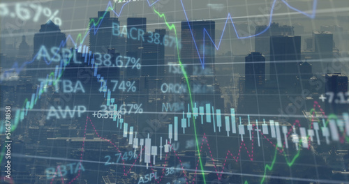 Image of financial graph and data processing over cityscape