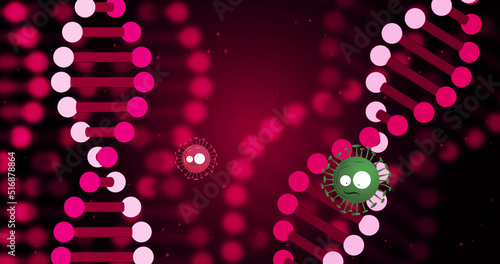 Image of dna strand and virus cells over pink background