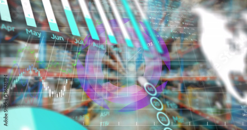 Image of graph, charts, globe and data processing over warehouse interior