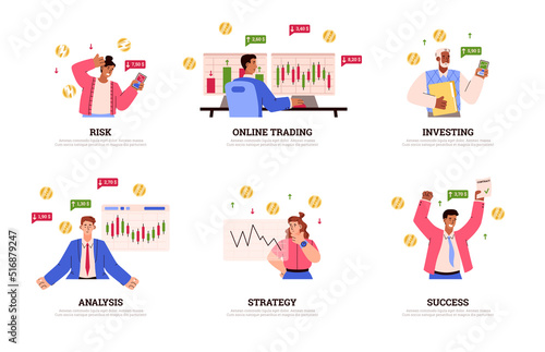 Set of trader characters with different emotions flat style, vector illustration