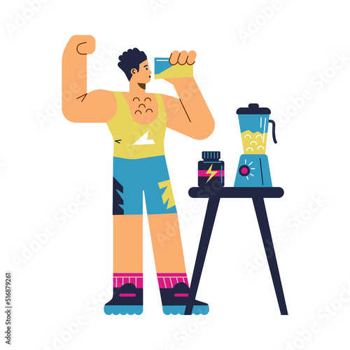 Athletic and muscular man drinks energy drink before gym workout, flat vector illustration isolated on white background.