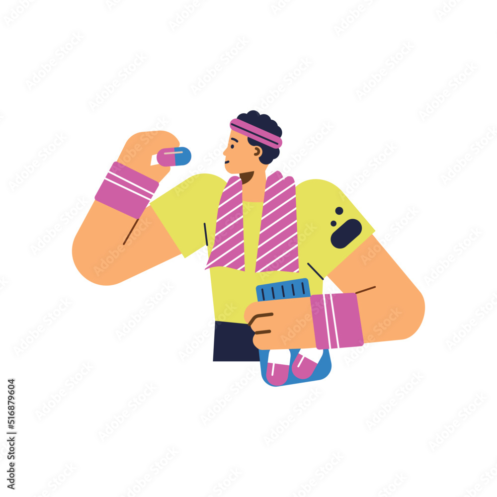 Athlete takes sports supplements in pills flat vector illustration isolated. Athlete takes sports supplements in pills flat vector illustration isolated.