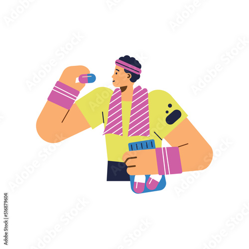 Athlete takes sports supplements in pills flat vector illustration isolated.