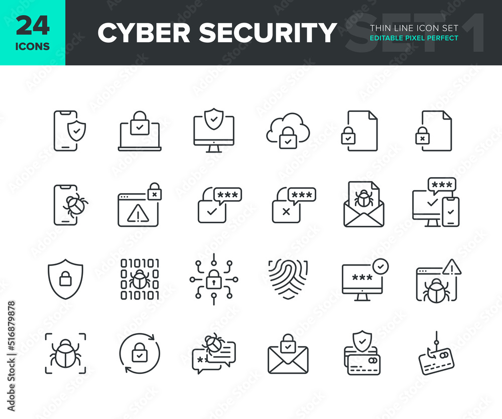 Cyber security vector line icon set. Privacy and internet protection icon collection. Computer and smartphone network security symbols. Editable pixel perfect. Part 1 Cyber security vector line icon set. Privacy and internet protection icon collection. Computer and smartphone network security symbols. Editable pixel perfect. Part 1
