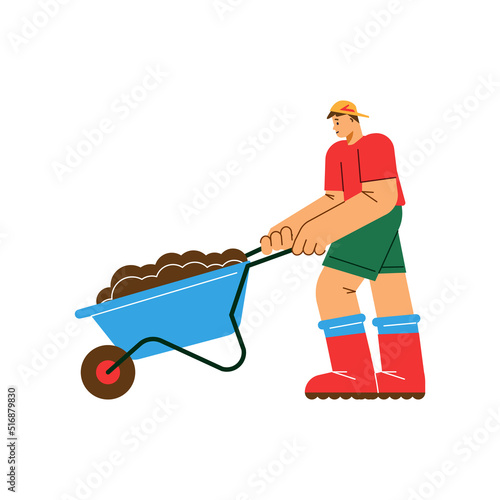 Gardener works in garden or yard grounds, flat vector illustration isolated.