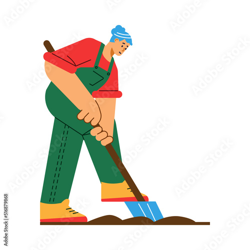 Woman in overalls digging the ground flat cartoon vector illustration isolated.