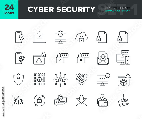 Cyber security vector line icon set. Privacy and internet protection icon collection. Computer and smartphone network security symbols. Editable pixel perfect. Part 1