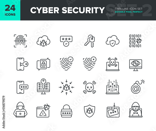 Cyber security vector line icon set. Privacy and internet protection icon collection. Computer and smartphone network security symbols. Editable pixel perfect. Part 2