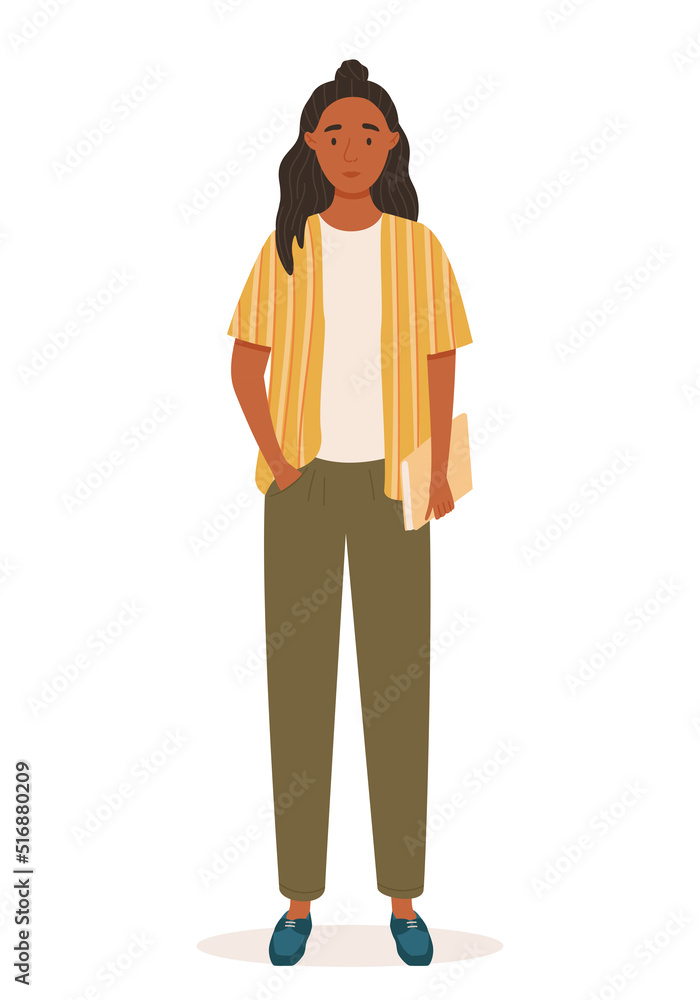 Fototapeta premium Young black-skinned girl in casual clothes. Student concept character. Stylish high school girl with textbook. Vector illustration in a flat style. Character illustration for presentations, cards