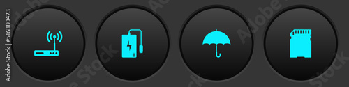 Set Router and wi-fi, Power bank, Umbrella and SD card icon. Vector