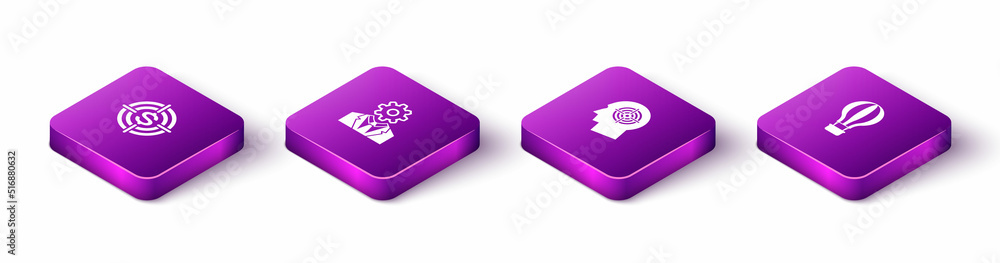 Set Isometric Target with dollar, Head gear inside, hunting concept and Hot air balloon icon. Vector Set Isometric Target with dollar, Head gear inside, hunting concept and Hot air balloon icon. Vector