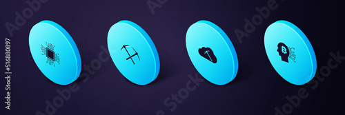 Set Isometric Bitcoin think, Cryptocurrency cloud mining, Crossed pickaxe and Processor icon. Vector
