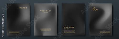 Blurred black gold backgrounds set with modern abstract blurred color gradient patterns. Templates collection for brochures, posters, banners, flyers and cards. Vector illustration.