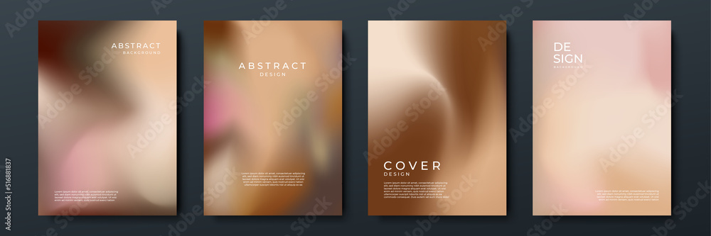 Blurred beige skin tone brown pastel backgrounds set with modern abstract blurred color gradient patterns. Smooth templates collection for brochures, posters, flyers and cards. Vector illustration.