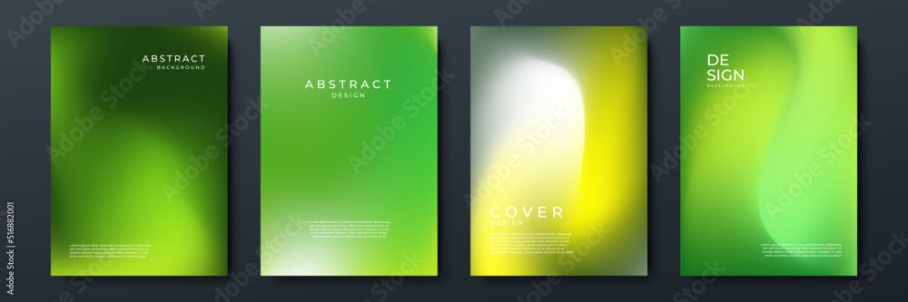 Blurred green backgrounds set with abstract gradient texture background with dynamic blurred effect. Templates for brochures, posters, banners, flyers and cards. Vector illustration.