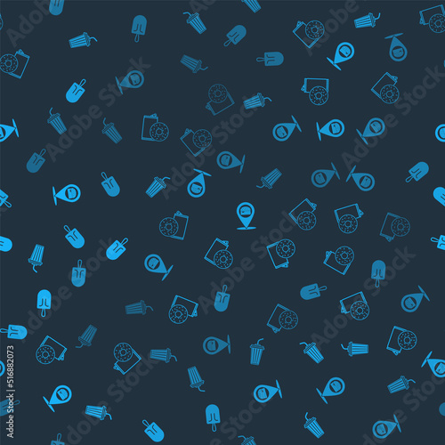 Set Glass with water, Aluminum can soda and donut, Location burger and Ice cream on seamless pattern. Vector