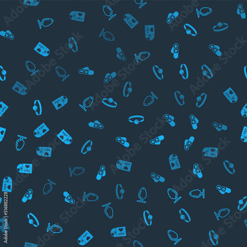 Set Anal plug, Pills for potency, Silicone ball gag and Disc with inscription Sex on seamless pattern. Vector