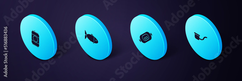 Set Isometric Smoking pipe, Salami sausage, Fish and Beer can icon. Vector