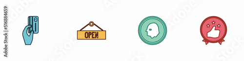 Set Hand holding with credit card, Hanging sign Open, Coin money and Consumer or customer product rating icon. Vector