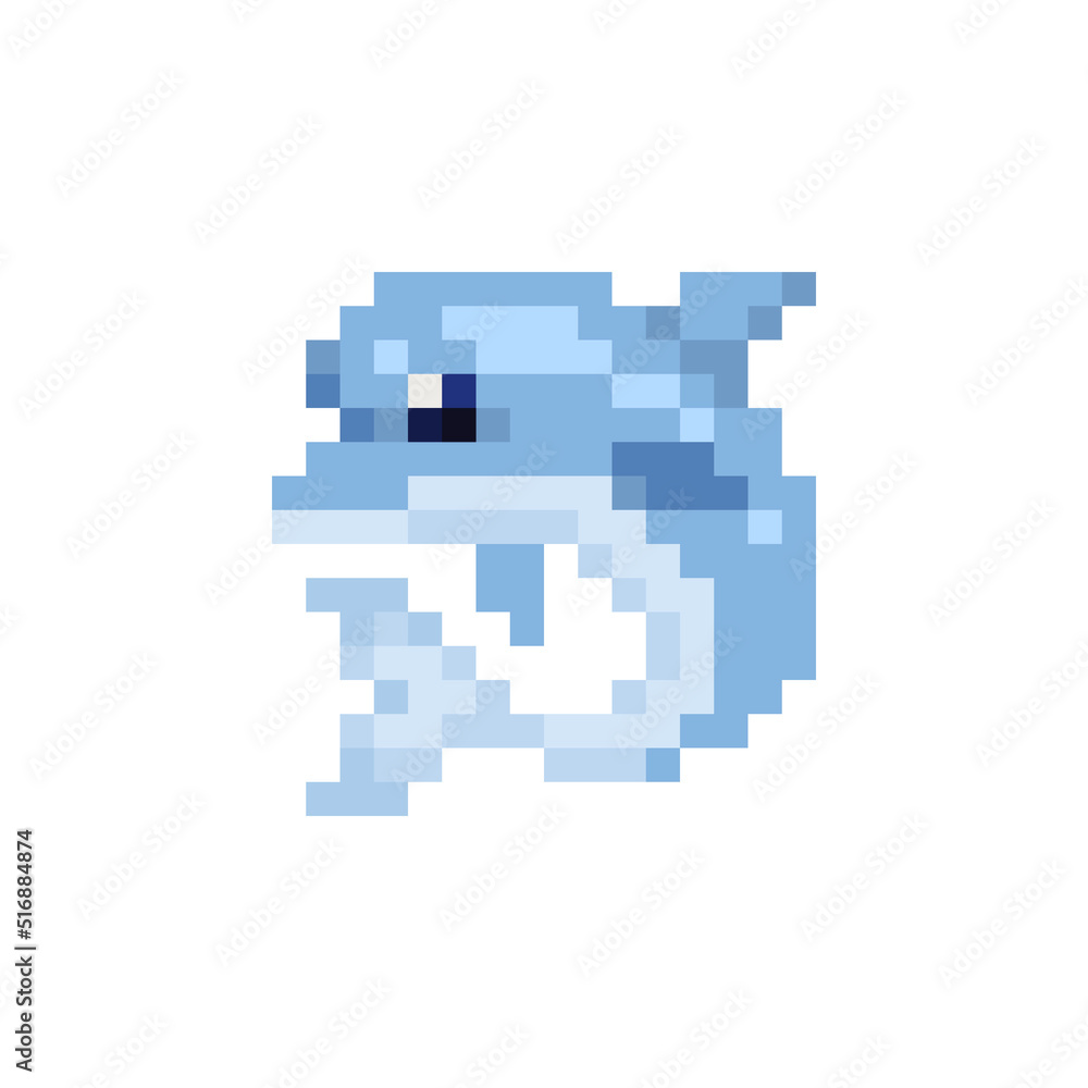 Dolphin pixel art icon. Isolated vector illustration. 8bit sprite