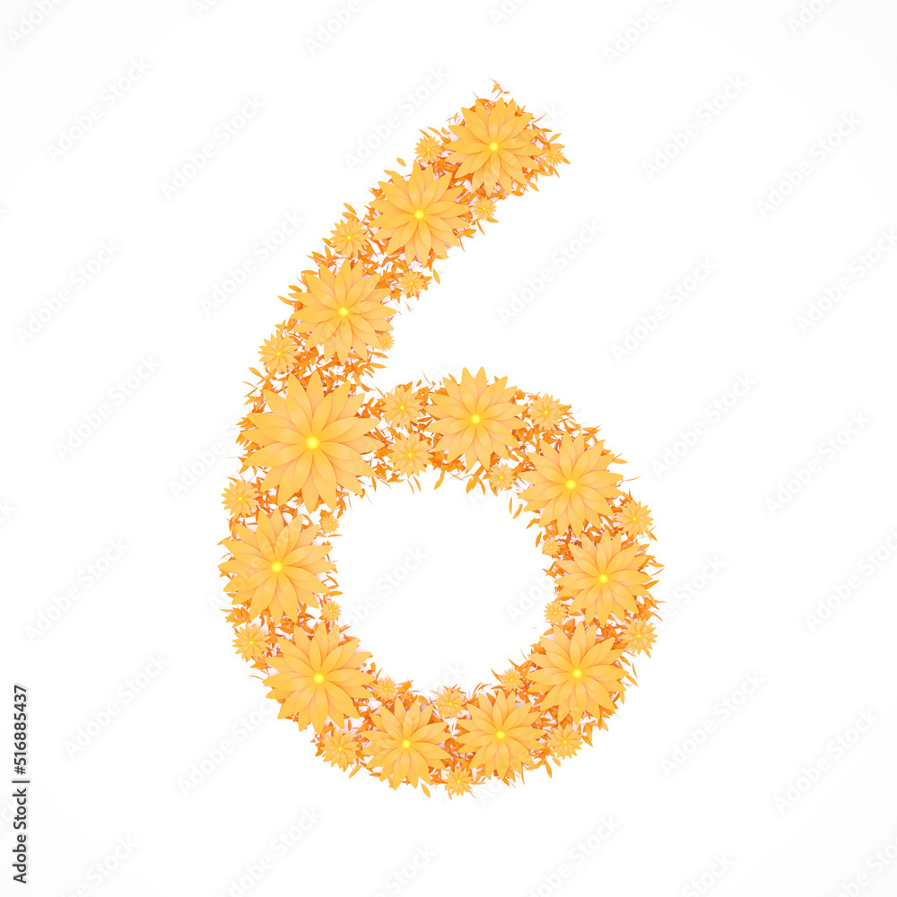 Number 6 made from orange flowers and petals isolated on white background. Design element. Floral font. Flowers letters. Summer font. 3d illustration