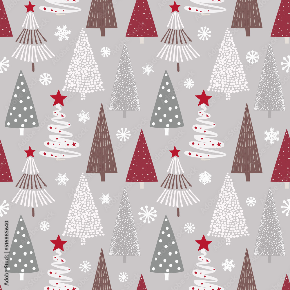 Christmas seamless pattern with christmas tree and snowflakes.