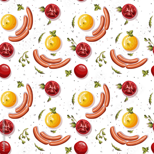 Seamless pattern with scrambled eggs, sausages, tomatos. Healthy eating, nutrition, natural food, breakfast, cooking concept.