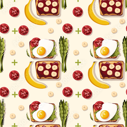 Seamless pattern with Toast with scramled egg and tomato. Sweet toast with bananas. Healthy eating, nutrition, cooking, breakfast, food concept. Vector illustration.