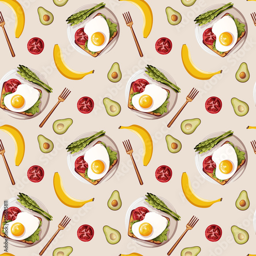 Seamless pattern with Toast with scramled egg and tomato, asparagus, avocado, bananas. Healthy eating, nutrition, cooking, breakfast, food concept. Vector illustration.