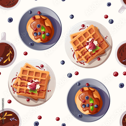 Seamless pattern with Belgian waffles and pancakes. Healthy eating, nutrition, cooking, breakfast, food, dessert, recipes concept. Vector illustration.