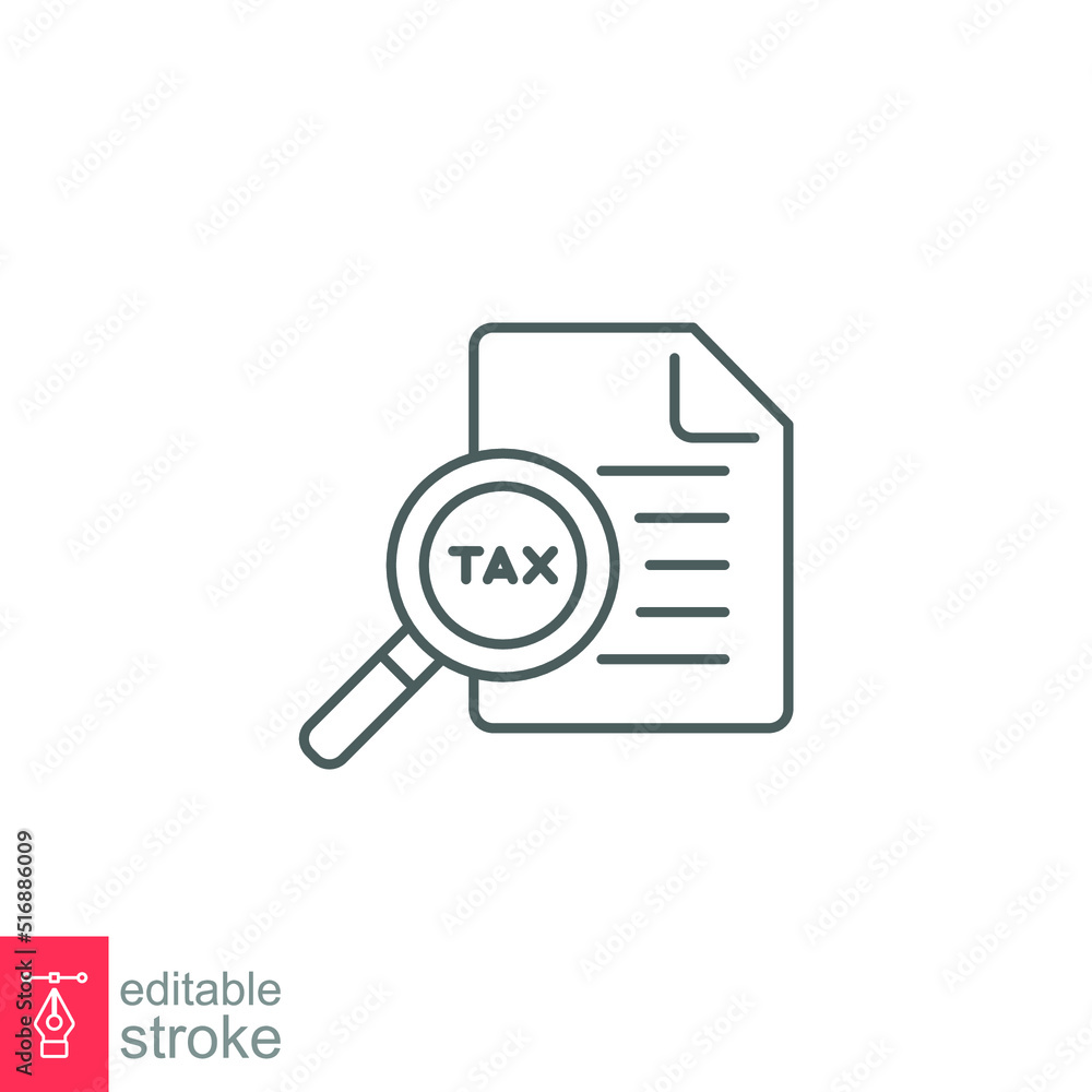 Tax identification icon. Simple outline style. Document with magnifying glass, file analysis concept. Vector illustration design isolated. Editable stroke EPS 10.