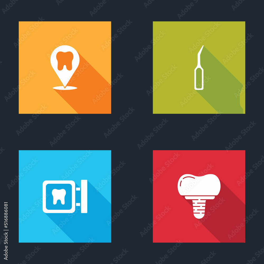 Set Dental clinic location, explorer scaler, and implant icon. Vector Set Dental clinic location, explorer scaler, and implant icon. Vector