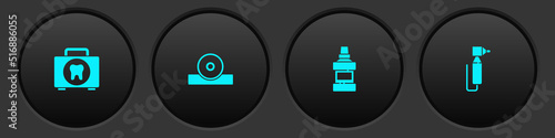 Set First aid kit, Otolaryngological head reflector, Mouthwash bottle and Tooth drill icon. Vector