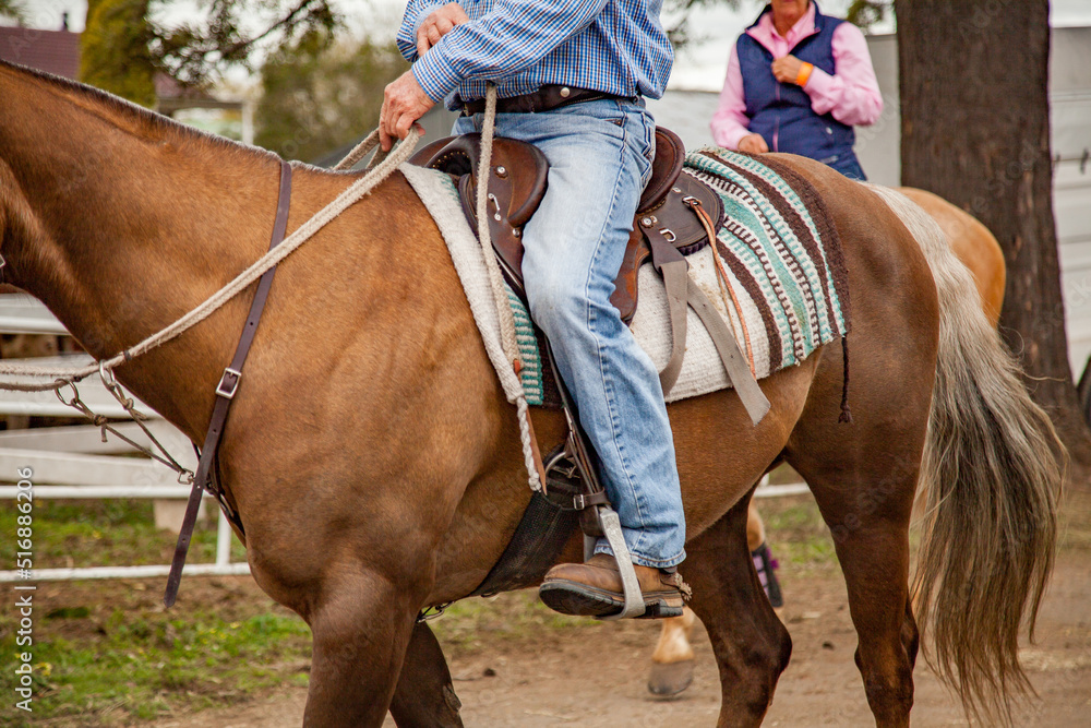 © Austockphoto - Close up of a man riding a stock horse at the showground